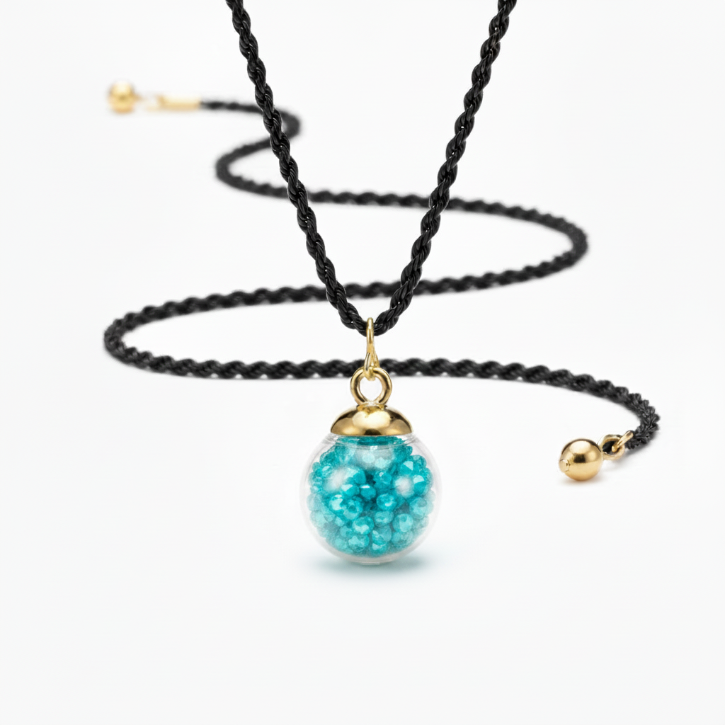 Turquoise Crystal Globe Pendant on Black Rope Necklace