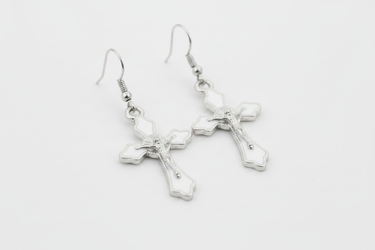 White Crucifix Hanging Earrings