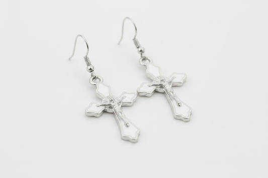 White Crucifix Hanging Earrings