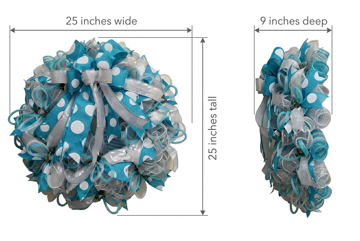 Wreath sizing guide showing 25 inches wide, 25 inches tall, and 9 inches deep