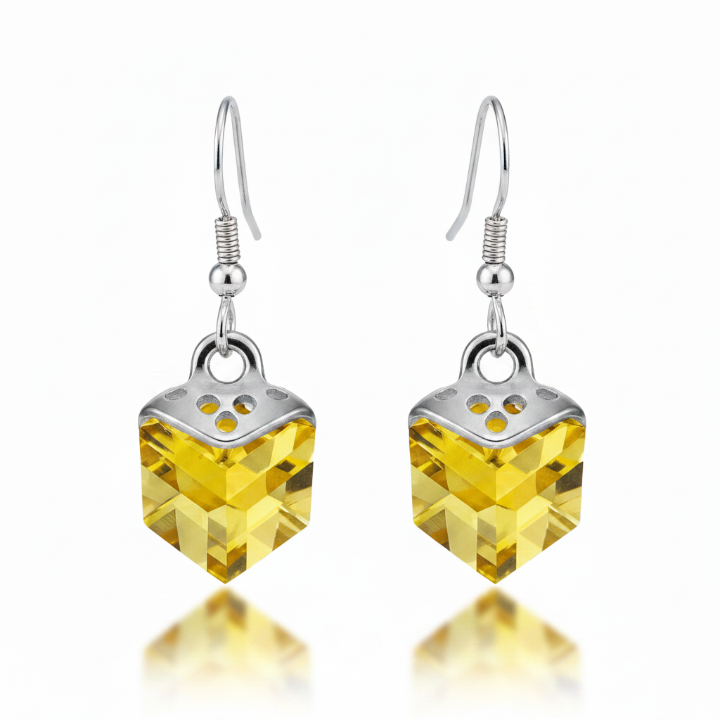 Yellow Crystal Cube Hanging Earrings
