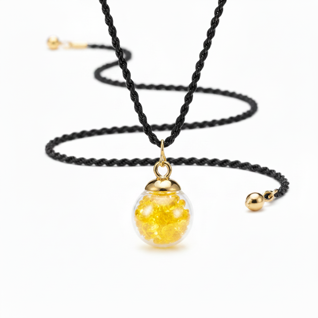 Yellow Crystal Globe Pendant on Black Rope Necklace