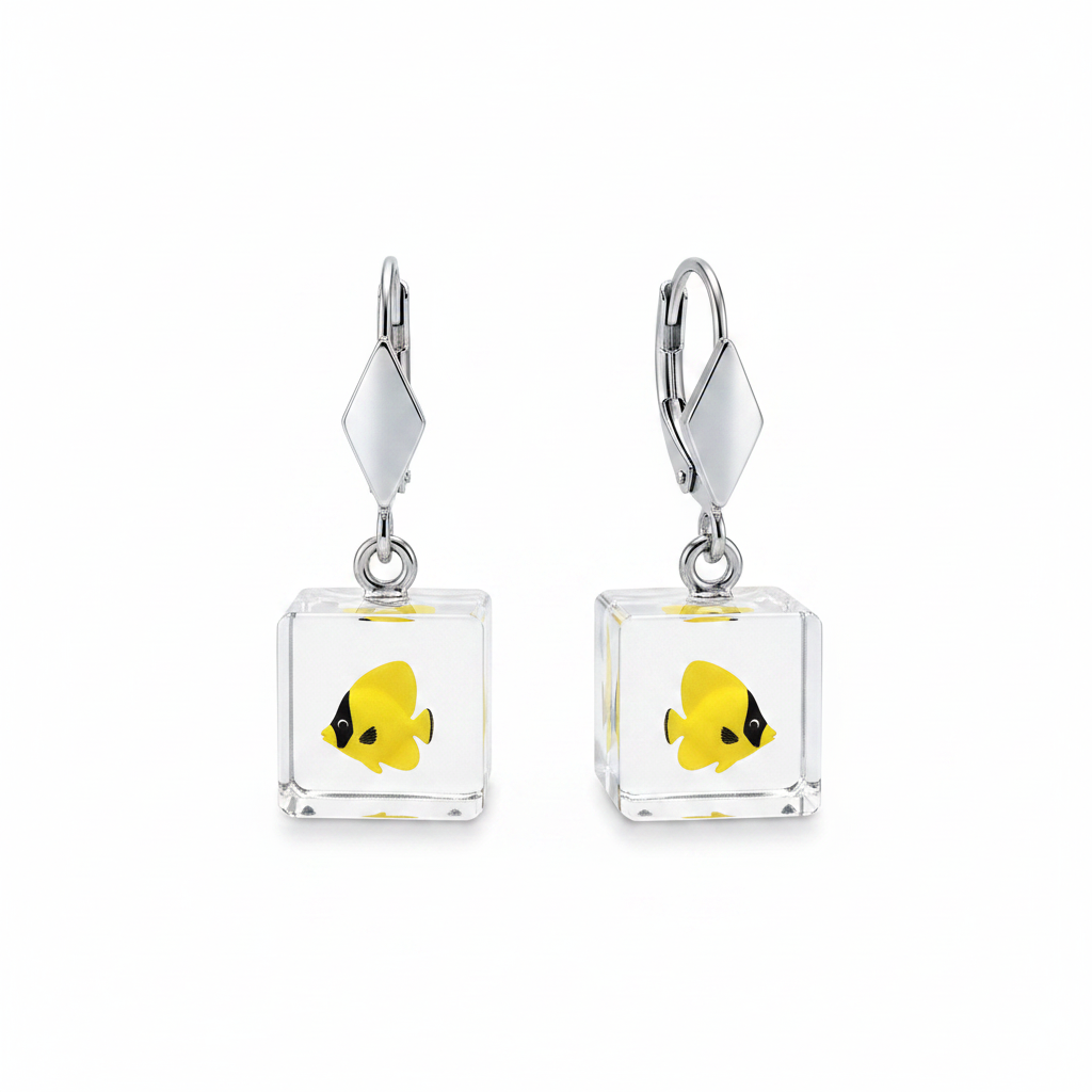 Yellow Fish Crystal Cube Hanging Earrings