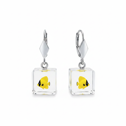 Yellow Fish Crystal Cube Hanging Earrings
